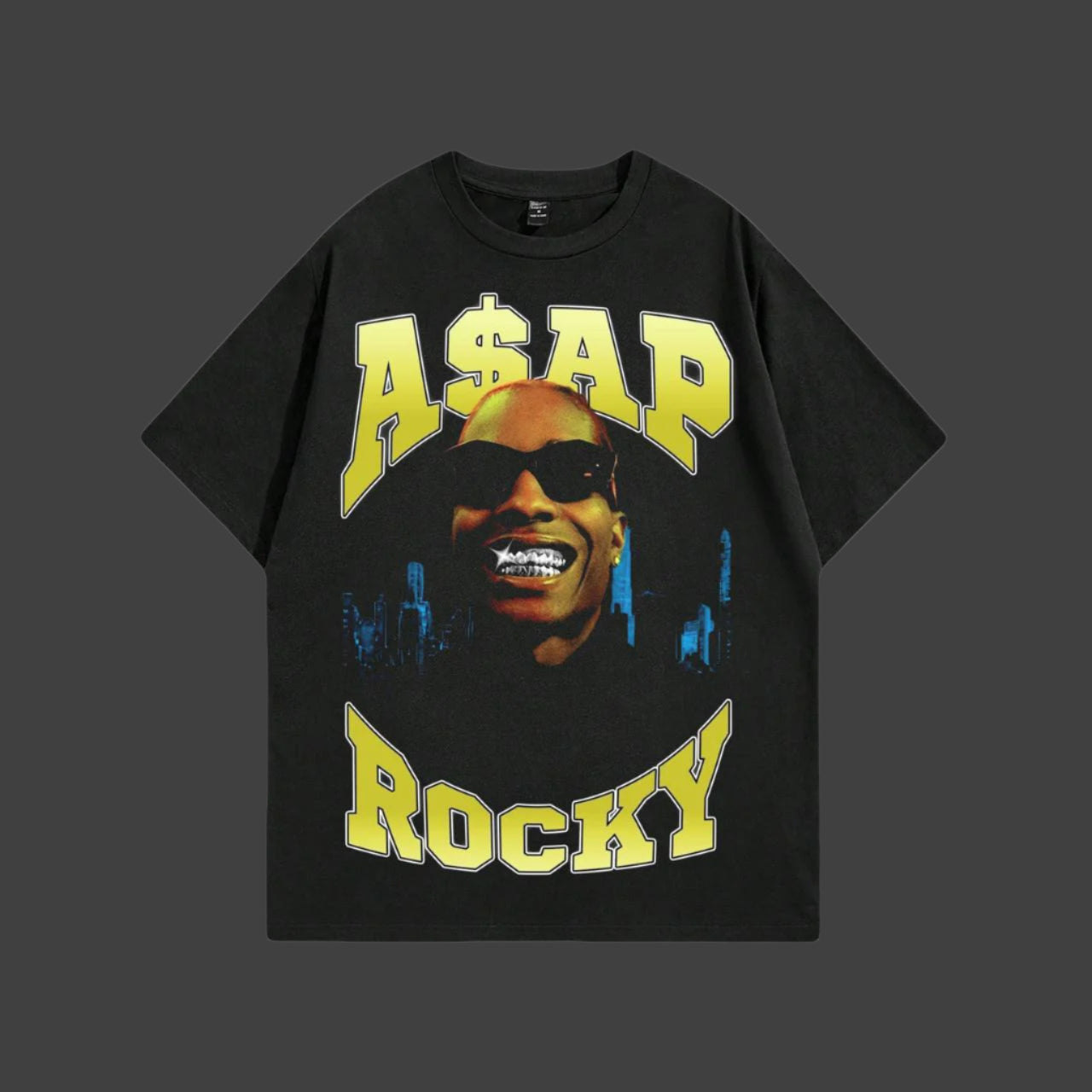 Black t-shirt with 'A$AP Rocky' graphic design on a white background