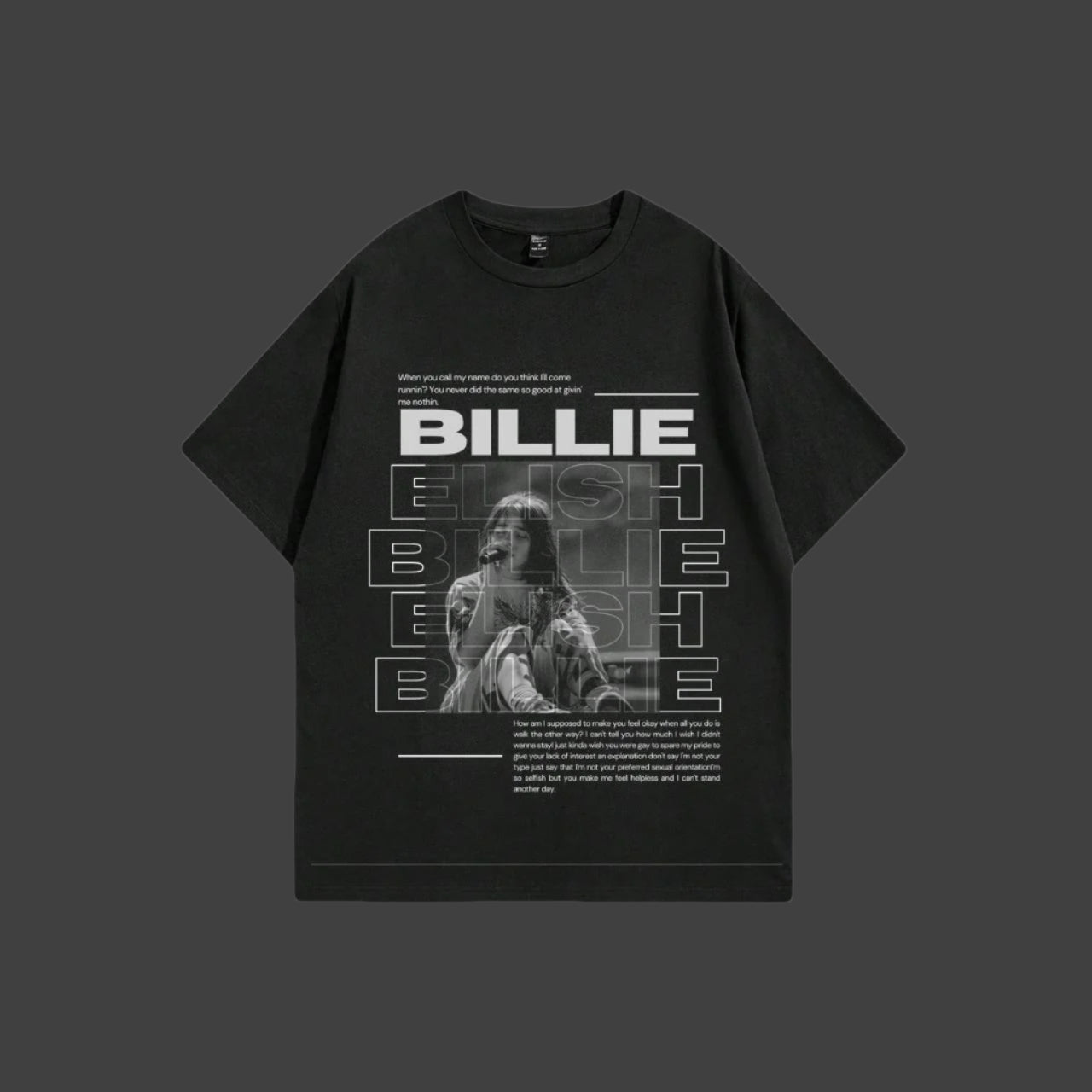Black t-shirt with photo of Biliie Eilish on a white background