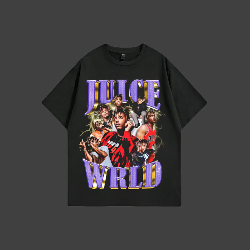 Black t-shirt with 'Juice Wrld' graphic design on a white background
