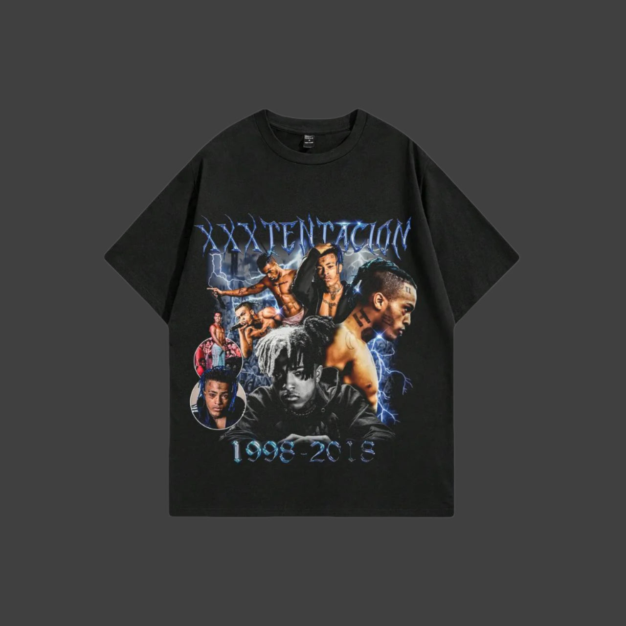 Black t-shirt with photo of XXXTENTACION on a white background