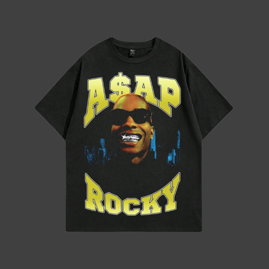 Black t-shirt with 'A$AP Rocky' graphic design on a white background