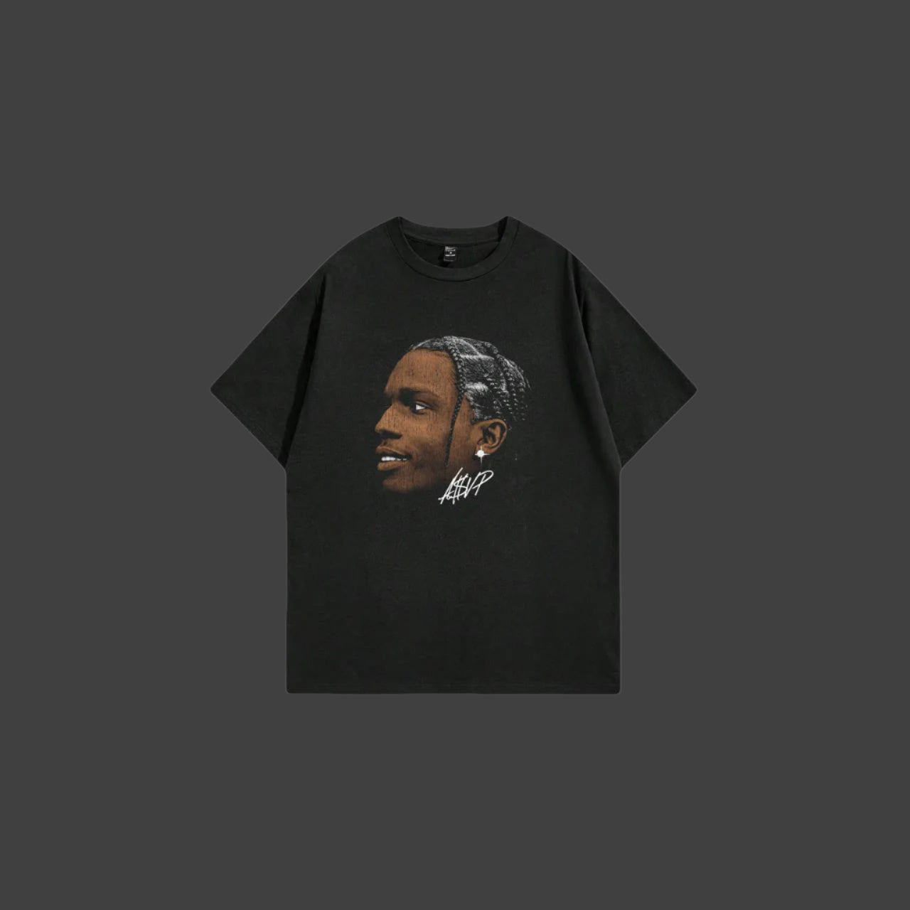 Black t-shirt with a graphic of Asap on a white background