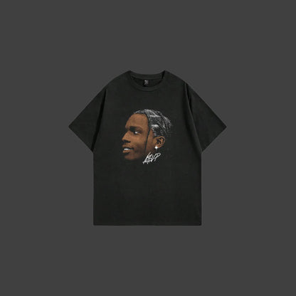 Black t-shirt with a graphic of Asap on a white background