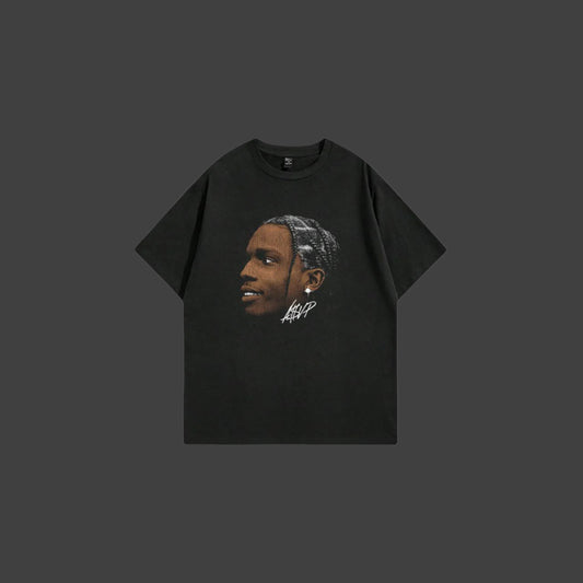 Black t-shirt with a graphic of Asap on a white background