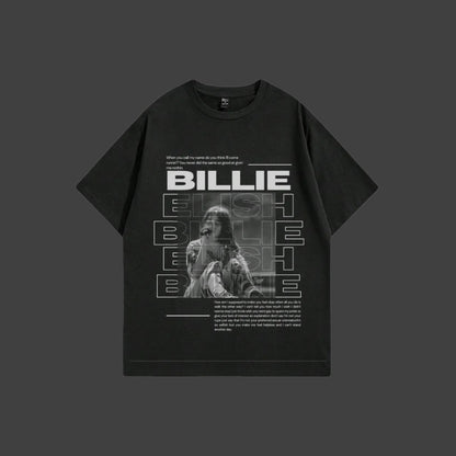 Black t-shirt with photo of Biliie Eilish on a white background