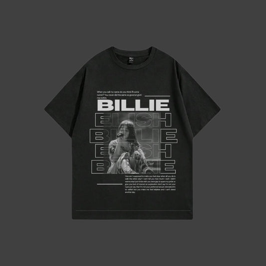 Black t-shirt with photo of Biliie Eilish on a white background
