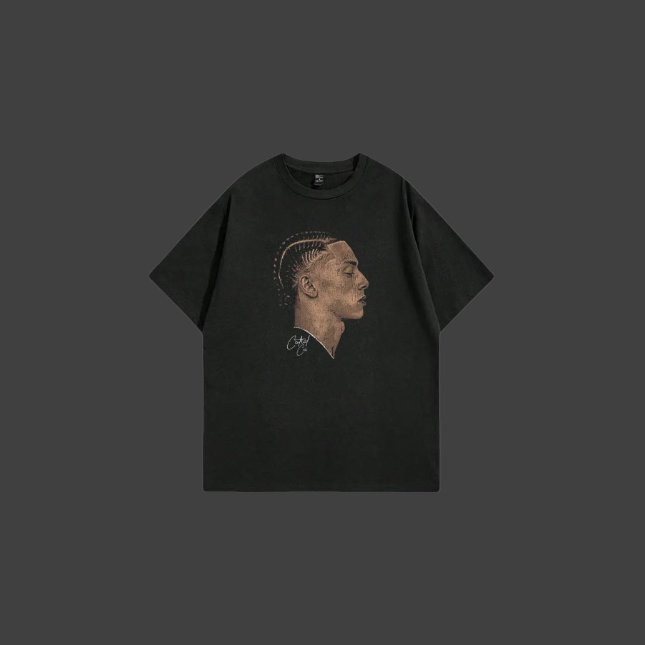 Black t-shirt with a graphic of Central Cee on a white background