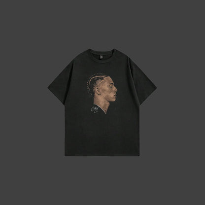 Black t-shirt with a graphic of Central Cee on a white background