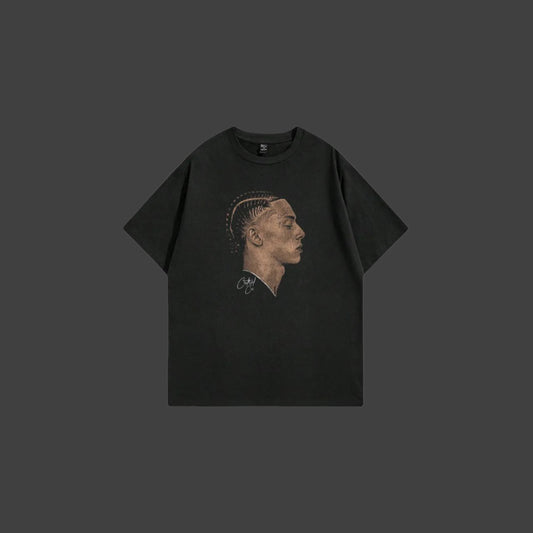 Black t-shirt with a graphic of Central Cee on a white background