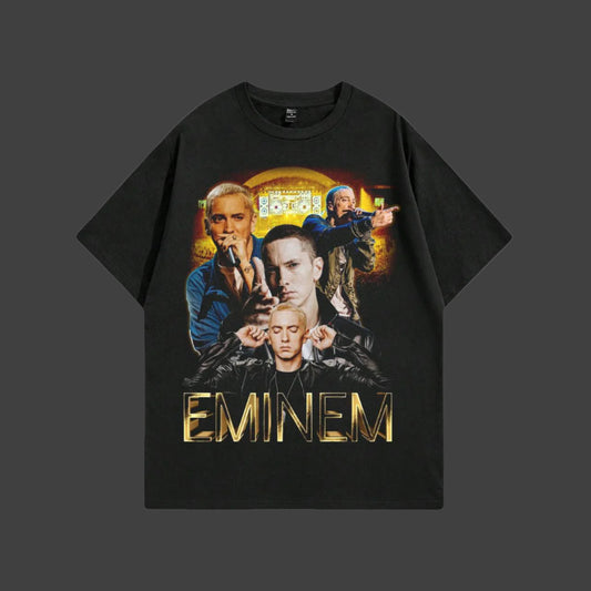 Black t-shirt with Eminem graphic design on a white background