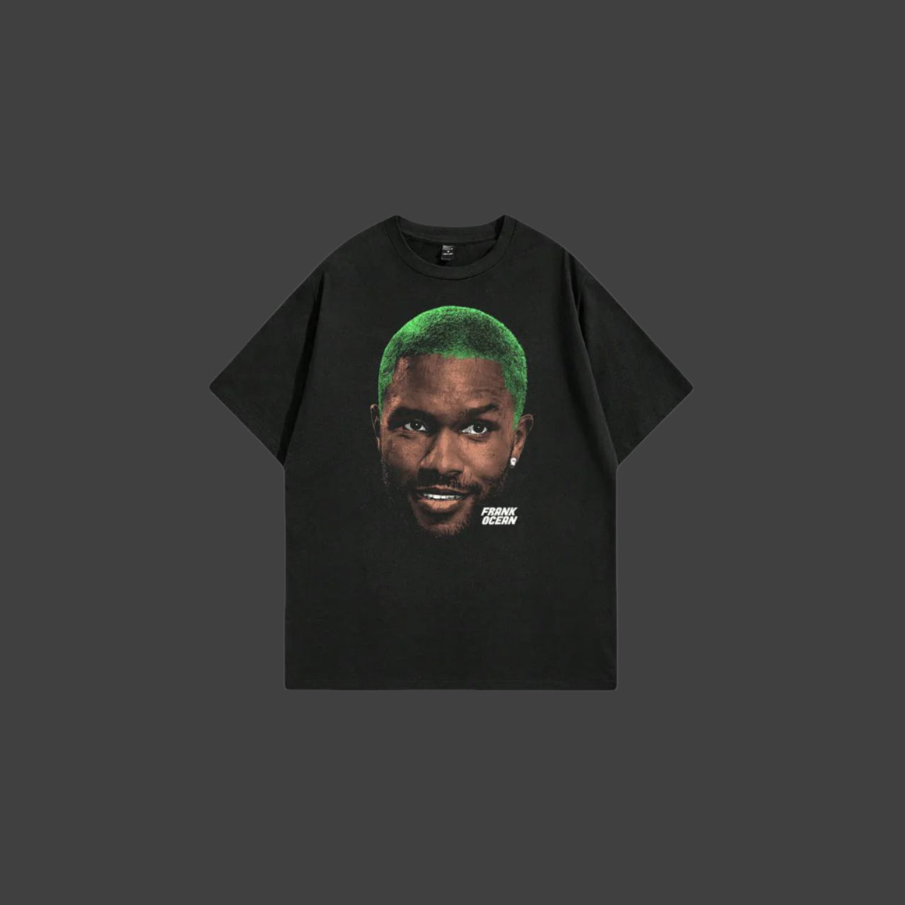 Black t-shirt with a graphic of Frank Ocean on a white background