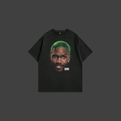 Black t-shirt with a graphic of Frank Ocean on a white background