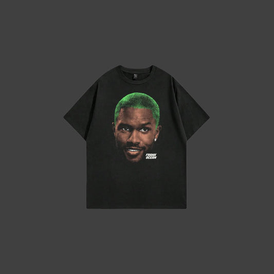 Black t-shirt with a graphic of Frank Ocean on a white background