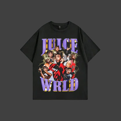Black t-shirt with 'Juice Wrld' graphic design on a white background