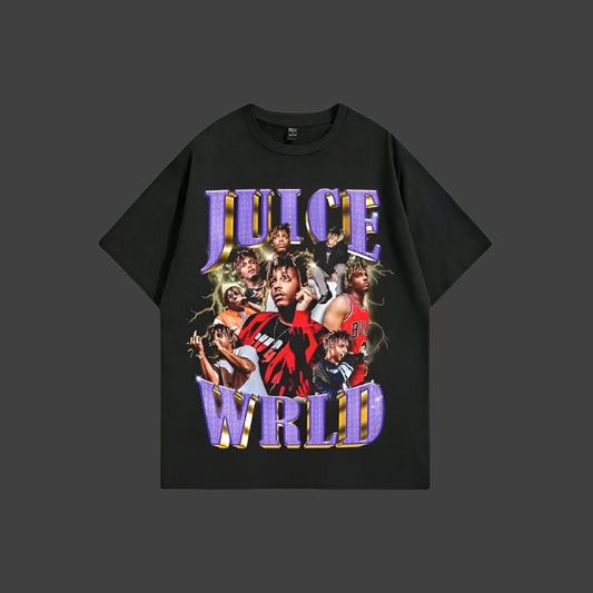 Black t-shirt with 'Juice Wrld' graphic design on a white background