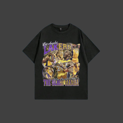 Black t-shirt with Lakers graphics and text against a blue sky background