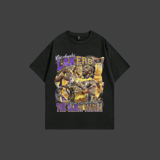 Black t-shirt with Lakers graphics and text against a blue sky background