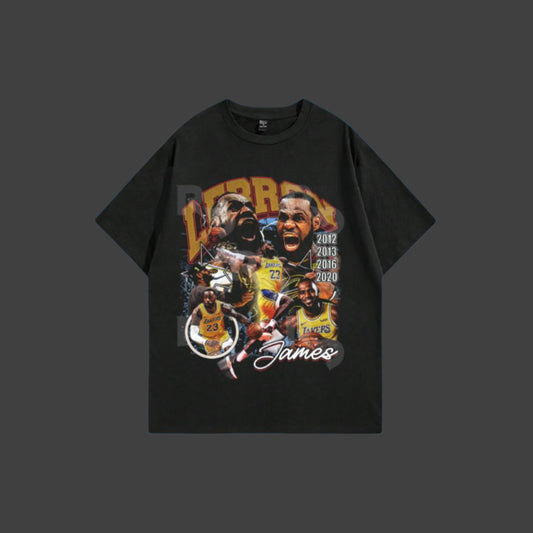 Black t-shirt with a graphic of LeBron James on a white background