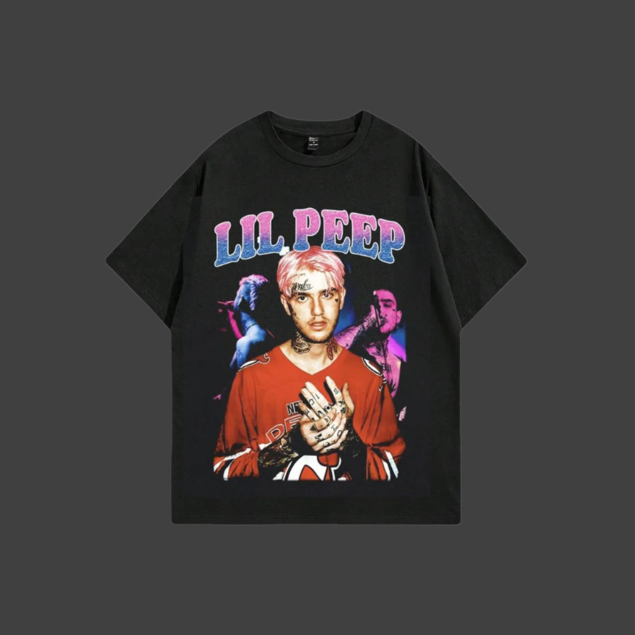 Black t-shirt with 'LIL PEEP' graphic design on a white background