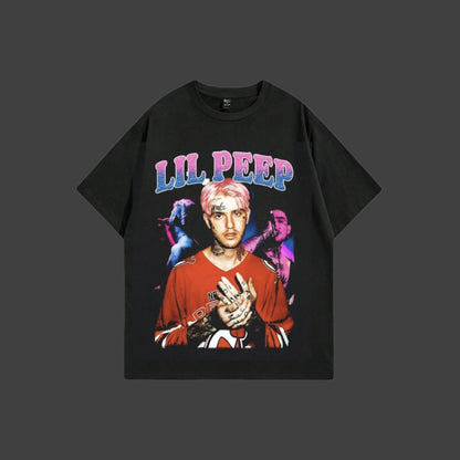 Black t-shirt with 'LIL PEEP' graphic design on a white background