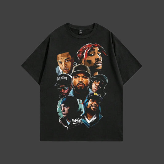 Black t-shirt with graphic of Old School Hip-Hop on a white background