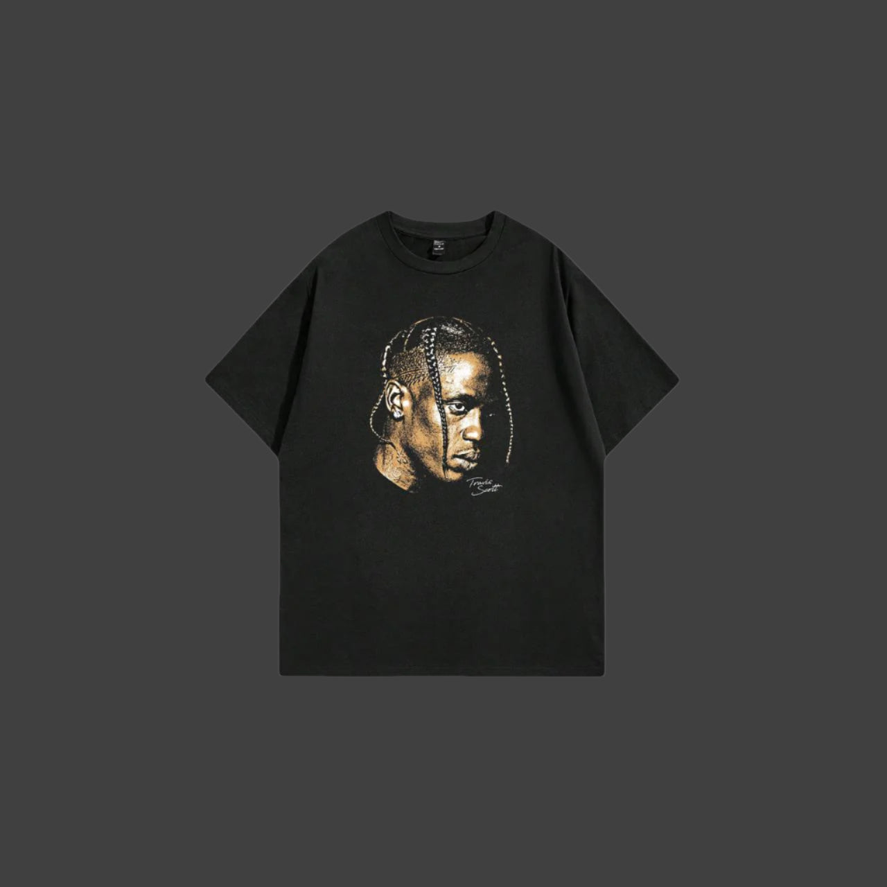 Black t-shirt with a graphic of a person's face on a white background