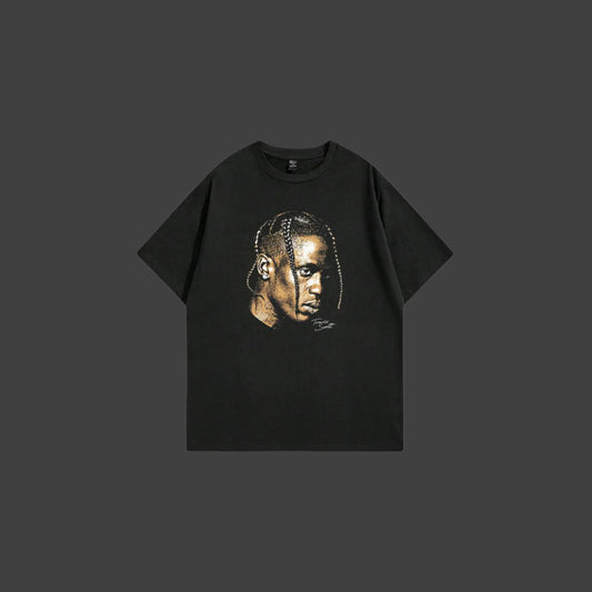 Black t-shirt with a graphic of a person's face on a white background