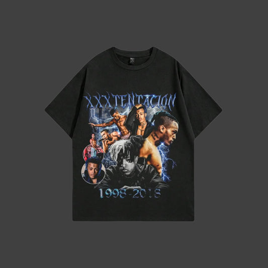 Black t-shirt with photo of XXXTENTACION on a white background